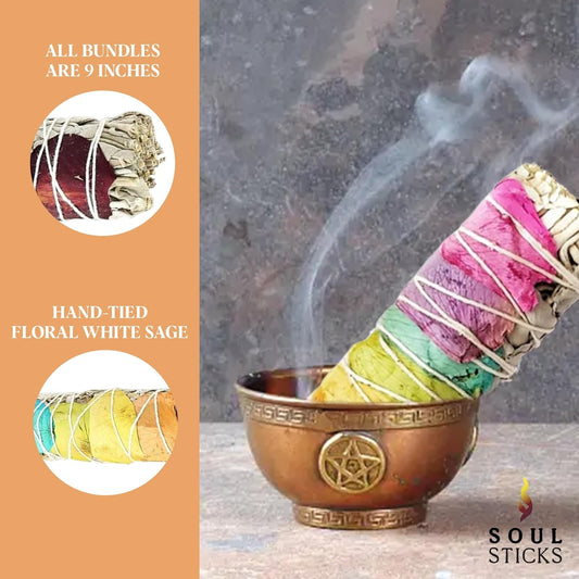 1 Pack 9 Inch Floral White Sage Smudge Stick with Starter Guide | House Blessing | Cleansing and Negative Energy Removal | Big Smudge Stick