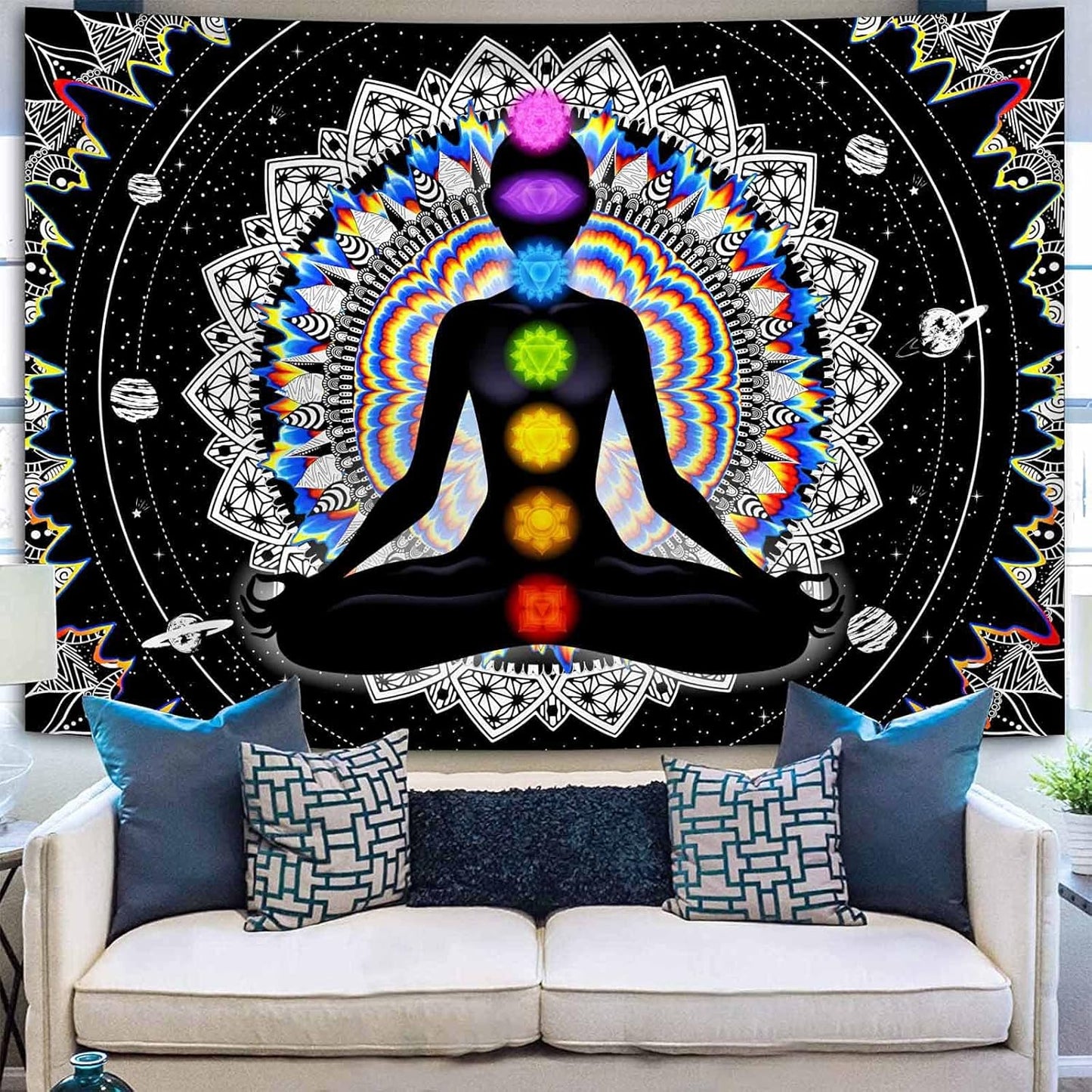 Seven Chakra Tapestry Mandala Tapestry Trippy Black and White Tapestry Celestial Space Tapestry Boho Yoga Meditation Wall Hanging Tapestry for Bedroom Home Decor (H59.1 X W82.7)
