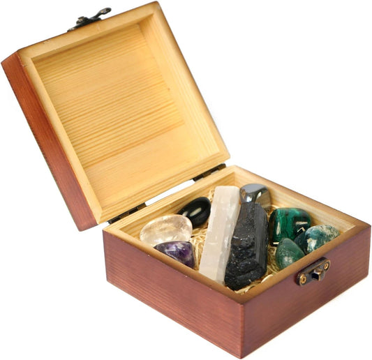 - Protection Crystal Set, Protection Crystals (Amethyst, Malachite, Selenite, Obsidian, Tree Agate), Wood Gift Box E-Book, Crystals Kit for Beginners (9Pcs)