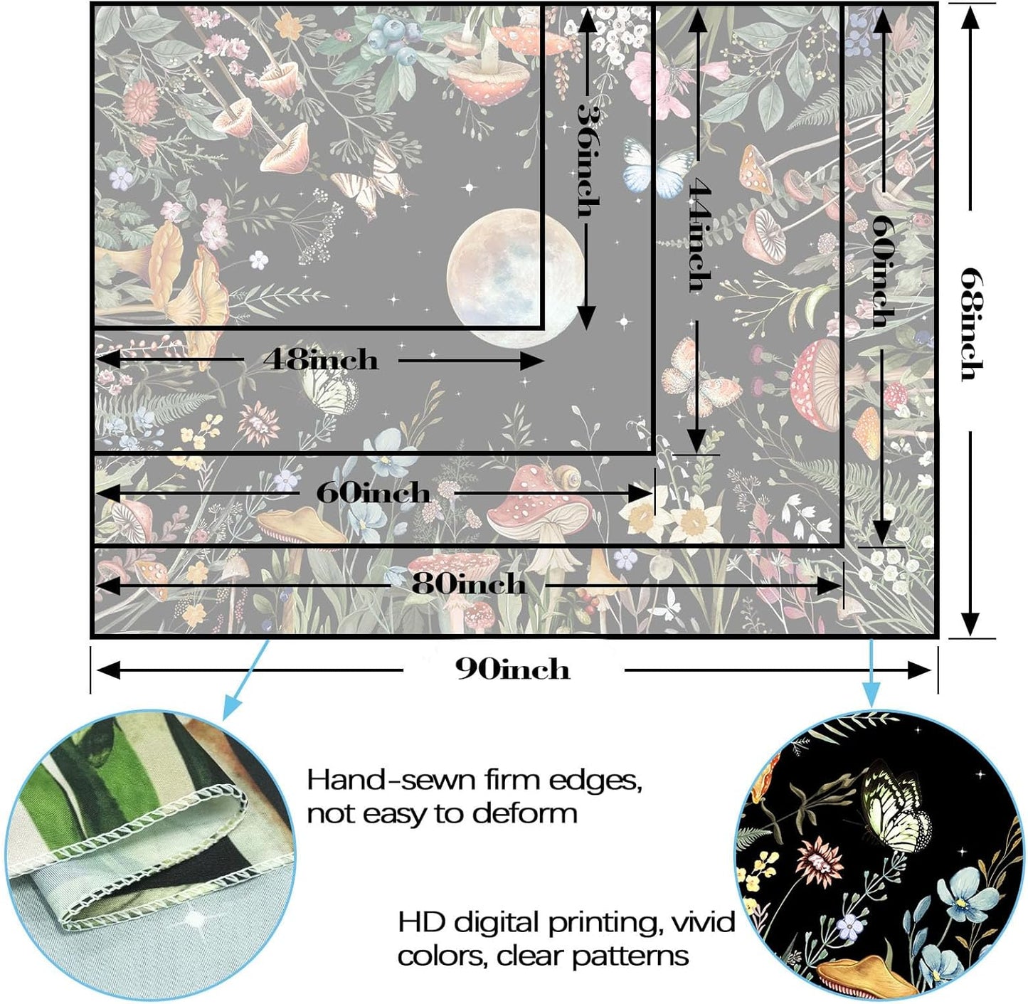 Moon Garden Tapestry Moonlit Green Plant Botanical Mushroom Flowers Tapestry Wall Hanging Black Nature Floral Butterfly Aesthetic Tapestries for Bedroom Dorm Living Room (48'' × 36'')