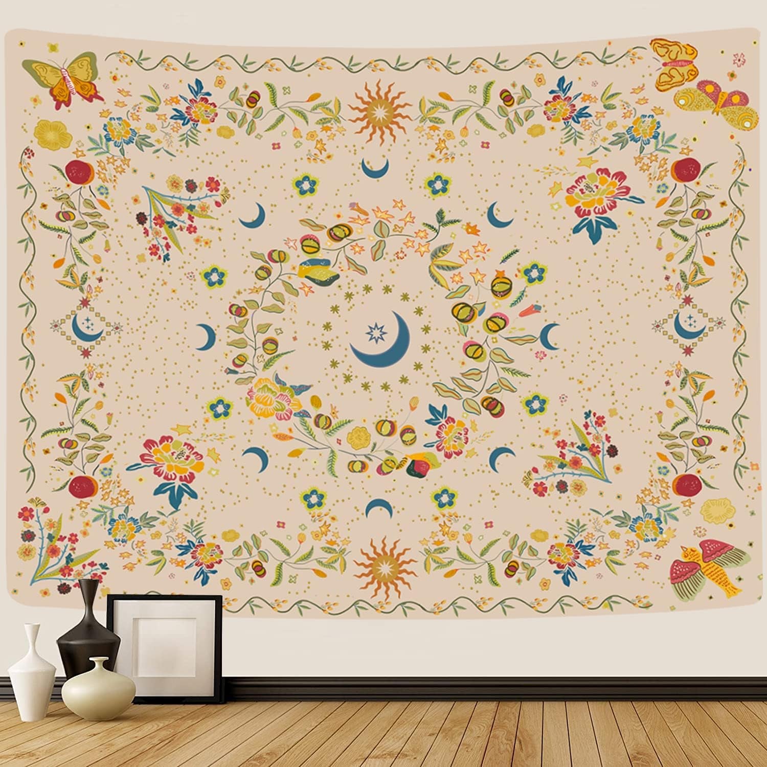 Wall Tapestry - Bohemian Floral Vine Wall Hanging Celestial Sun Moon and Star Tapestry for Hippie Home Decor - Bedroom Aesthetic (Butterfly Beige, Medium (50X 60))