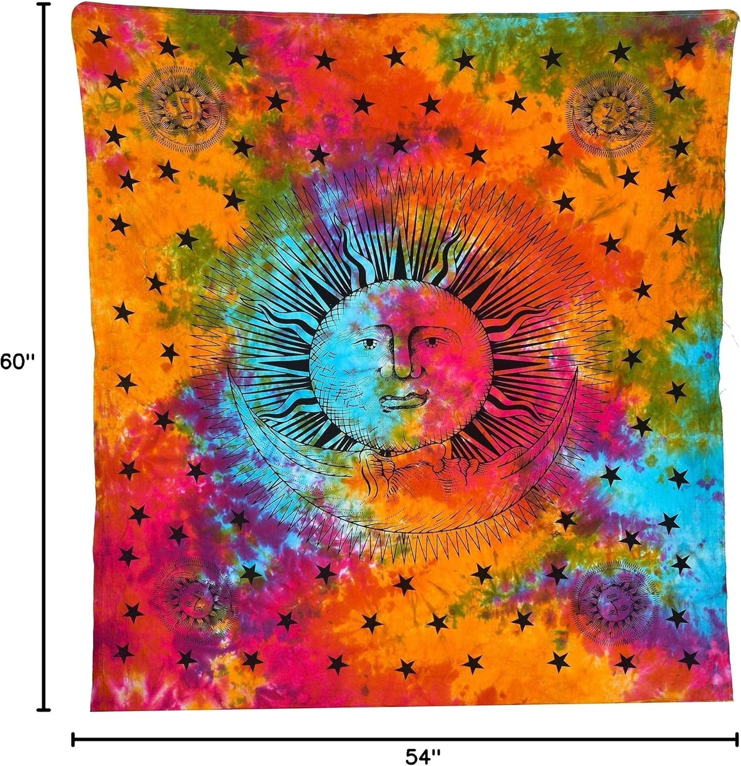 Tie Dye Mandala Tapestry, Celestial Sun Moon Star Planet Bohemian Tapestry Tarot, Wall Hanging Boho Tapestry for Room, Hippie Beach Coverlet Curtain (Rainbow, 54"X60")