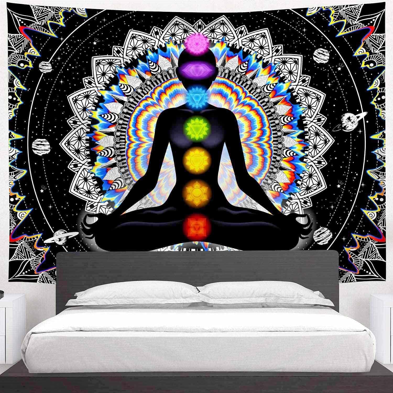 Seven Chakra Tapestry Mandala Tapestry Trippy Black and White Tapestry Celestial Space Tapestry Boho Yoga Meditation Wall Hanging Tapestry for Bedroom Home Decor (H59.1 X W82.7)