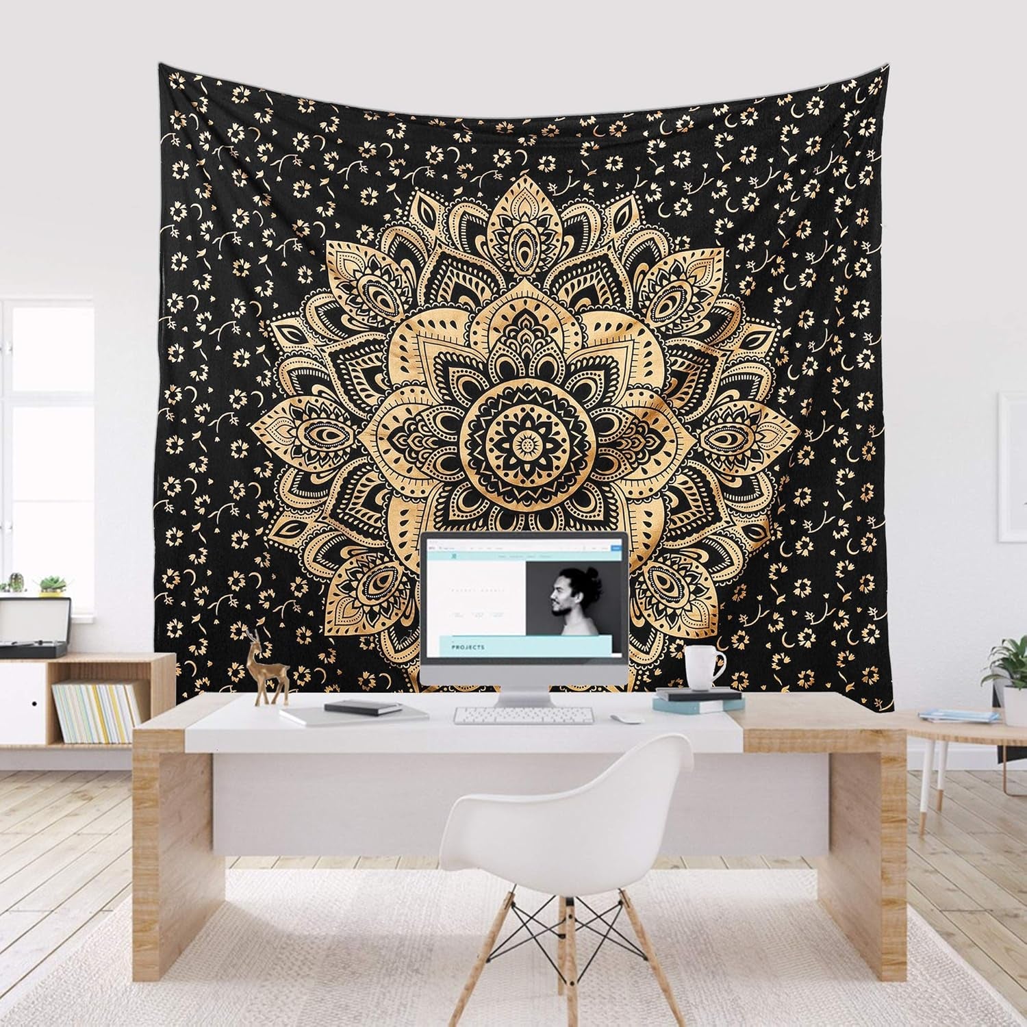 Mandala Tapestry Cotton | Indian Hippie Dorm Bohemian Psychedelic Peacock Mandala | Wall Hanging, Beach Throw, Bedsheet, Table Cover, Yoga Mat | Queen (Black-Gold, 84 X 90 Inch)