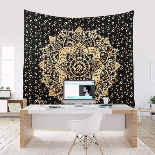 Mandala Tapestry Cotton | Indian Hippie Dorm Bohemian Psychedelic Peacock Mandala | Wall Hanging, Beach Throw, Bedsheet, Table Cover, Yoga Mat | Queen (Black-Gold, 84 X 90 Inch)