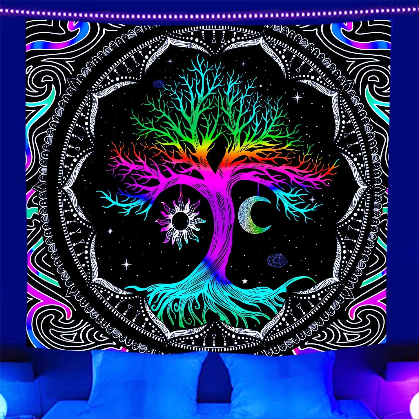Tree of Life Tapestry Hippie Wall Tapestry Mandala Black Light Tapestries for Livingroom Bedroom,59"X51"