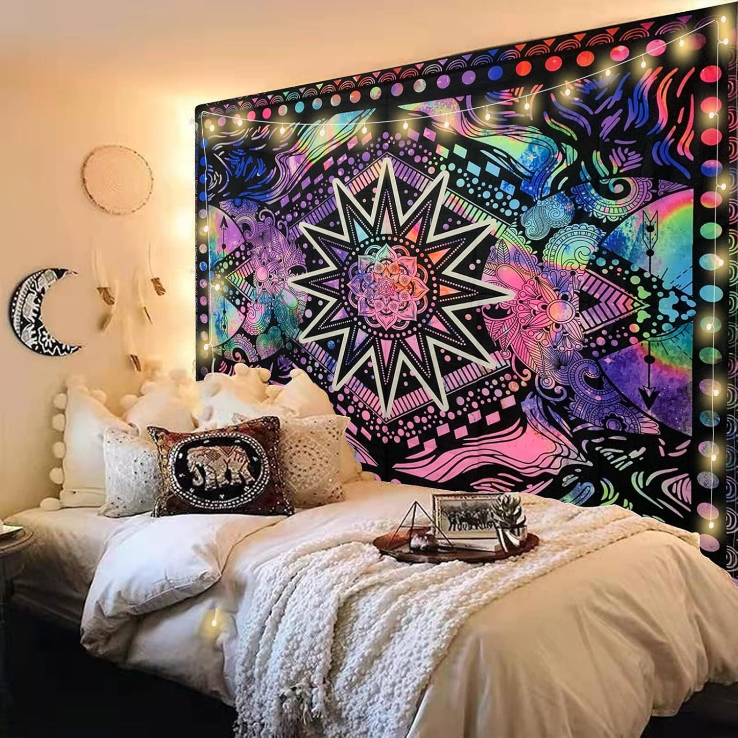 Hippie Mandala Tapestry Trippy Bohemian Tapestry Psychedelic Tapestry Wall Hanging Sun and Moon Tapestry Wall Decor Purple Blacklight Tapestry for Bedroom (50"X60")
