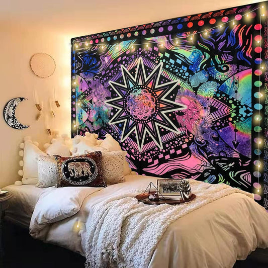 Hippie Mandala Tapestry Trippy Bohemian Tapestry Psychedelic Tapestry Wall Hanging Sun and Moon Tapestry Wall Decor Purple Blacklight Tapestry for Bedroom (50"X60")