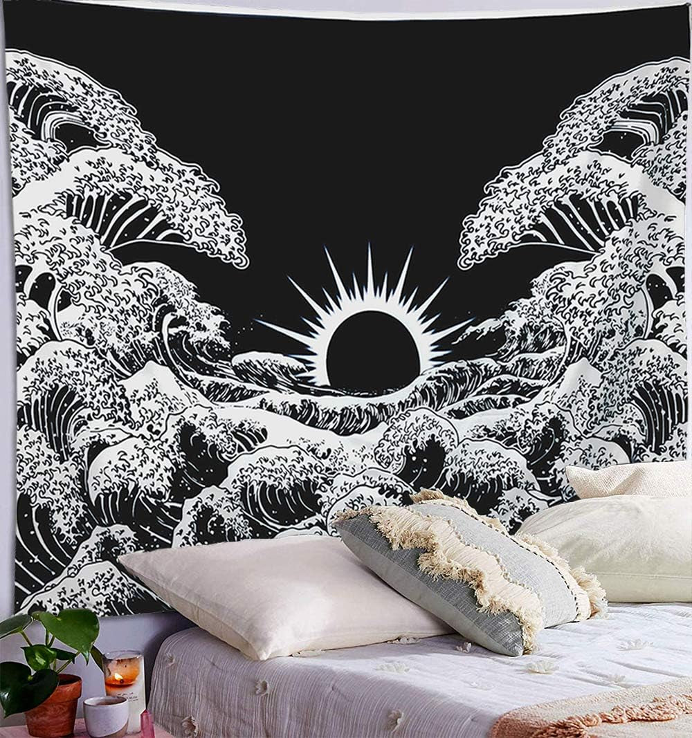 Ocean Wave Tapestry Black and White Tapestry Japanese Tapestry Wall Hanging Great Wave Tapestry for Bedroom(Black Wave, 70.8"X 91")