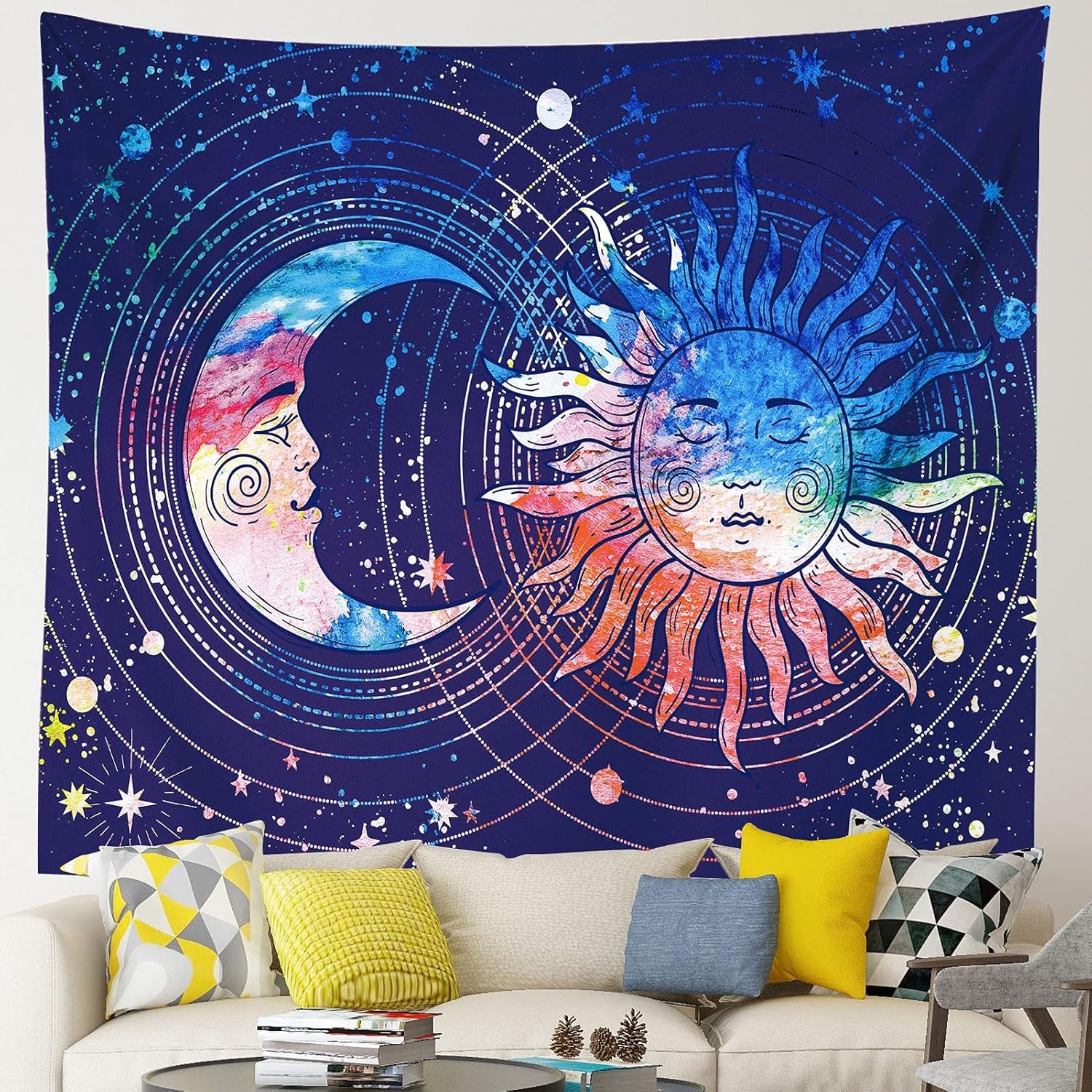 Sun and Moon Tapestry Blue Tapestry Constellation Astrology Tapestry Psychedelic Mystic Tapestry Wall Hanging Nature Home Decorations for Bedroom Dorm Room (51.2X59.1 Inches,130X150 Cm)