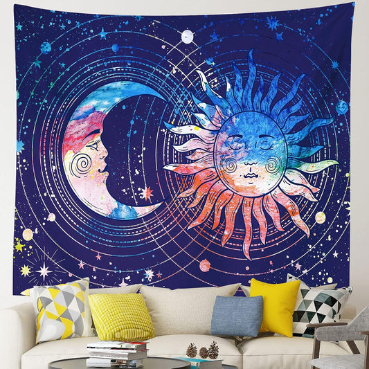 Sun and Moon Tapestry Blue Tapestry Constellation Astrology Tapestry Psychedelic Mystic Tapestry Wall Hanging Nature Home Decorations for Bedroom Dorm Room (51.2X59.1 Inches,130X150 Cm)
