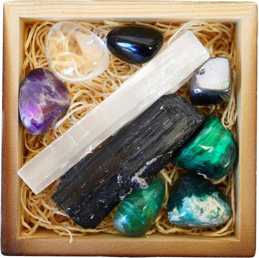 - Protection Crystal Set, Protection Crystals (Amethyst, Malachite, Selenite, Obsidian, Tree Agate), Wood Gift Box E-Book, Crystals Kit for Beginners (9Pcs)