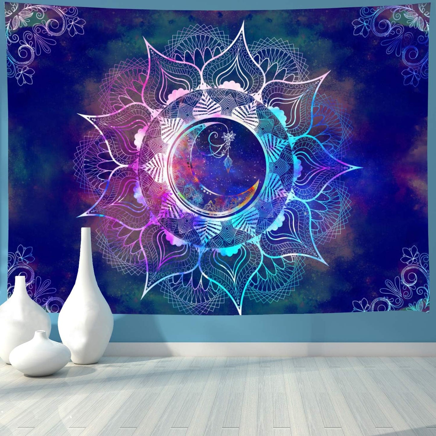 Mandala Tapestry Blue Starry Sky and Moon Tapestry Indian Tapestry Bohemian Tapestry Mandala Floral Tapestry Wall Hanging for Bedroom Dorm Decor