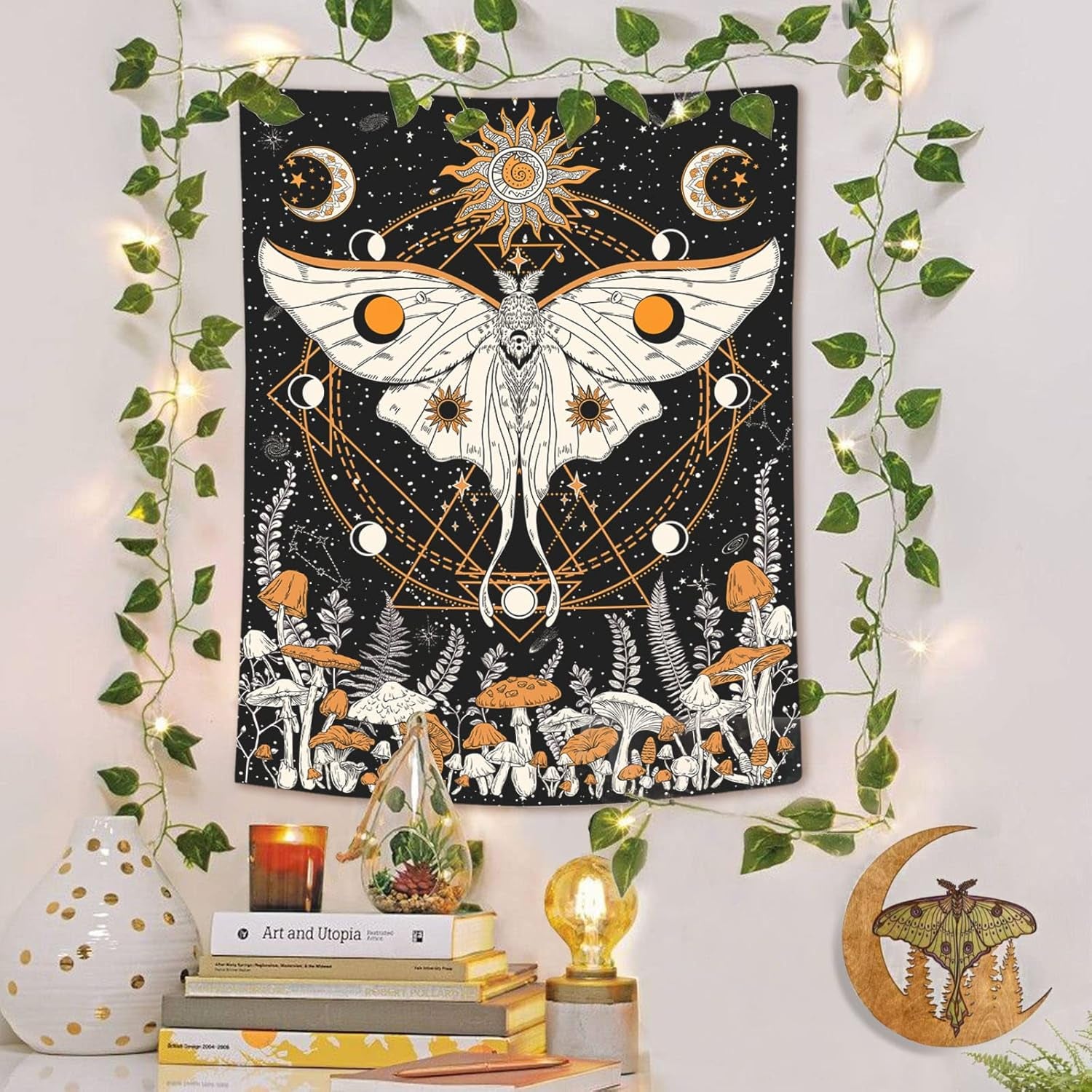Mushroom Moth Tapestry Orange Sun and Moon Tapestries Bohemian Boho Floral Wall Art Flower Nature Plant Aesthetic Wall Tapestry for Bedroom Dorm Living Room (44'' × 60'')