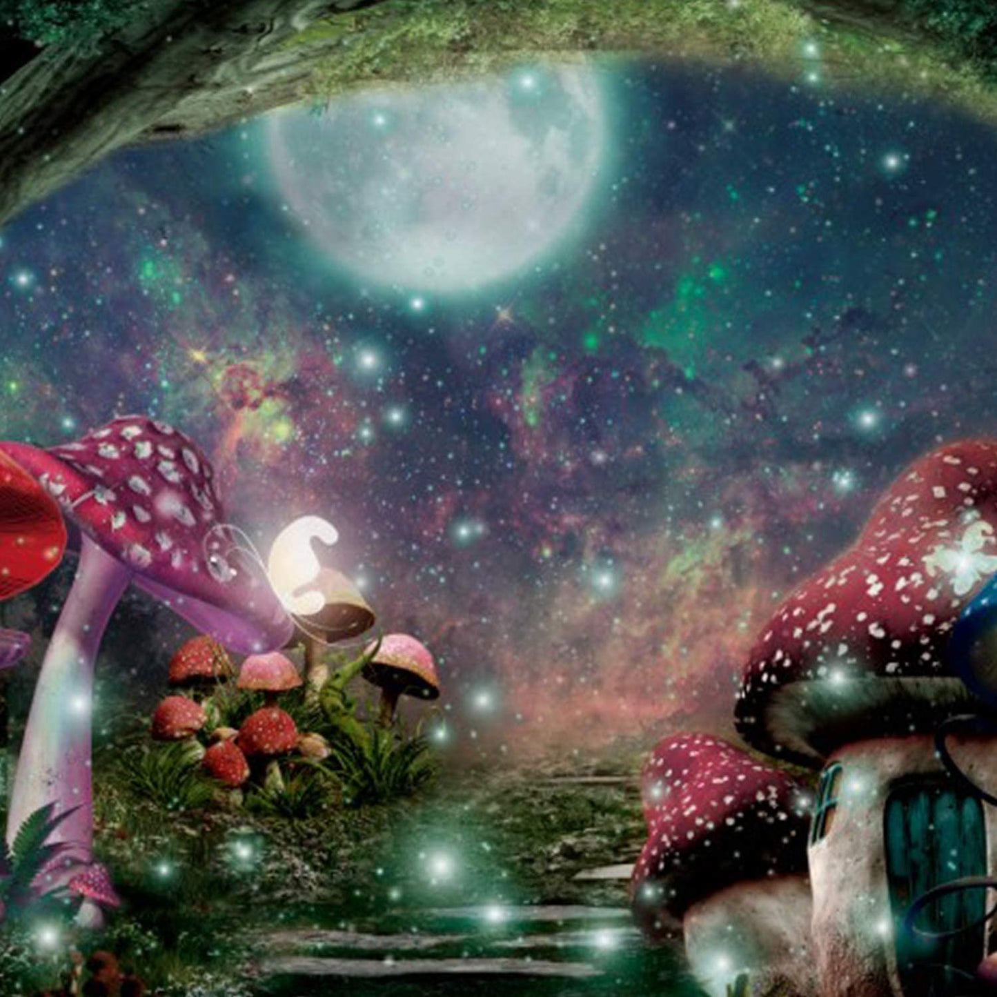 Psychedelic Mushroom Castle Tapestry Galaxy Moon Stars Tapestry Mysterious Forest Tree Tapestry Fantasy Fairy Tale Tapestry Wall Hanging for Bedroom