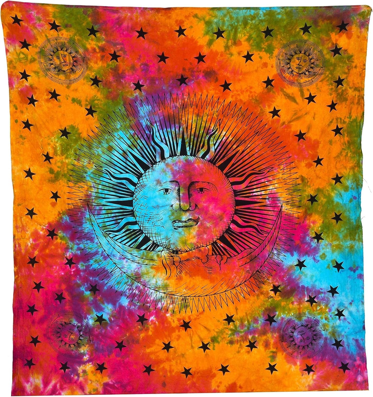 Tie Dye Mandala Tapestry, Celestial Sun Moon Star Planet Bohemian Tapestry Tarot, Wall Hanging Boho Tapestry for Room, Hippie Beach Coverlet Curtain (Rainbow, 54"X60")