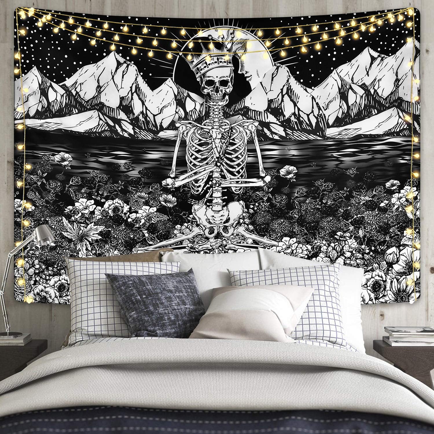 Lyacmy Skull Tapestry Meditation Skeleton Tapestry Flower Tapestry Mountain Tapestry Moon and Star Tapestry Starry Night Sky Tapestry Black and White Tarot Tapestry for Room (51.2 X 59.1 Inches)