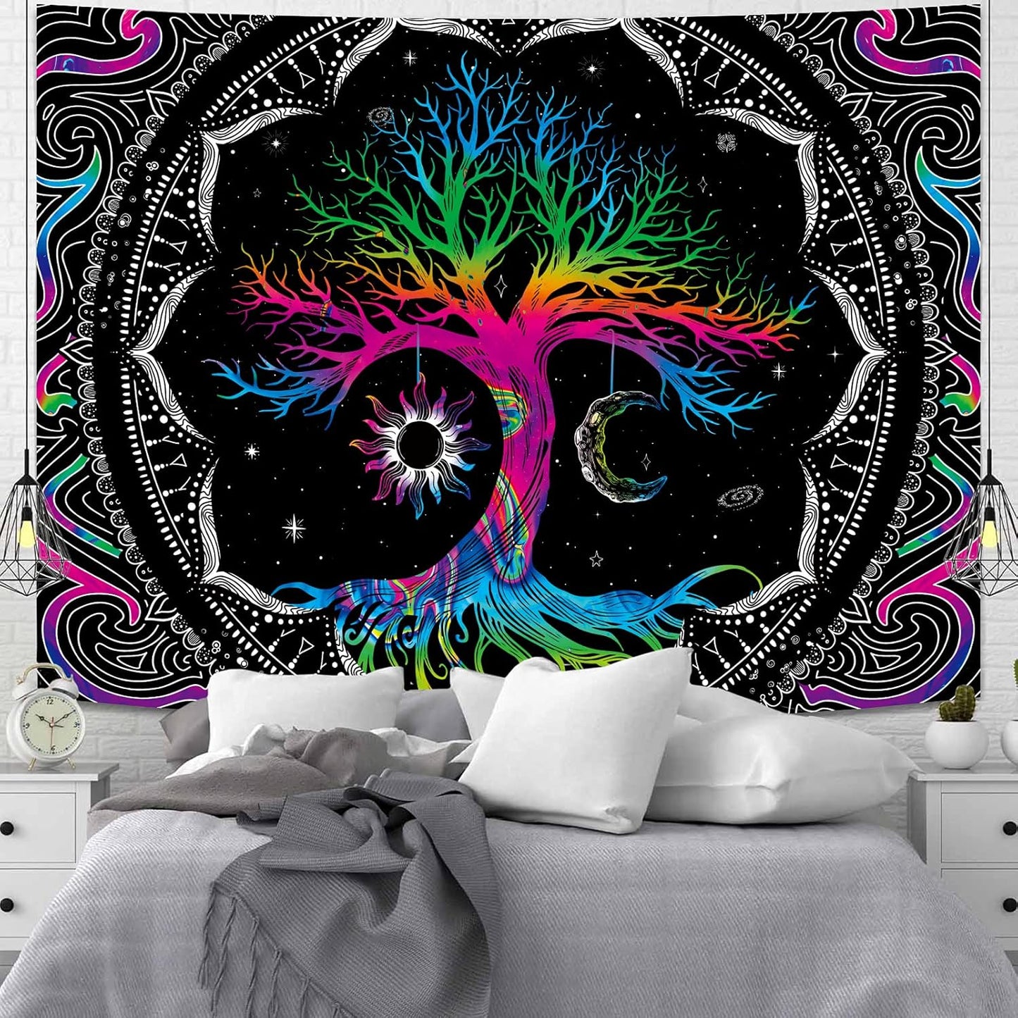 Tree of Life Tapestry Trippy Mandala Wall Tapestry Hippie Moon and Sun Tapestry Black Galaxy Stars Space Tapestry Colorful Boho Aesthetic Tapestry for Bedroom Living Room (M-W59.1" × H51.2)