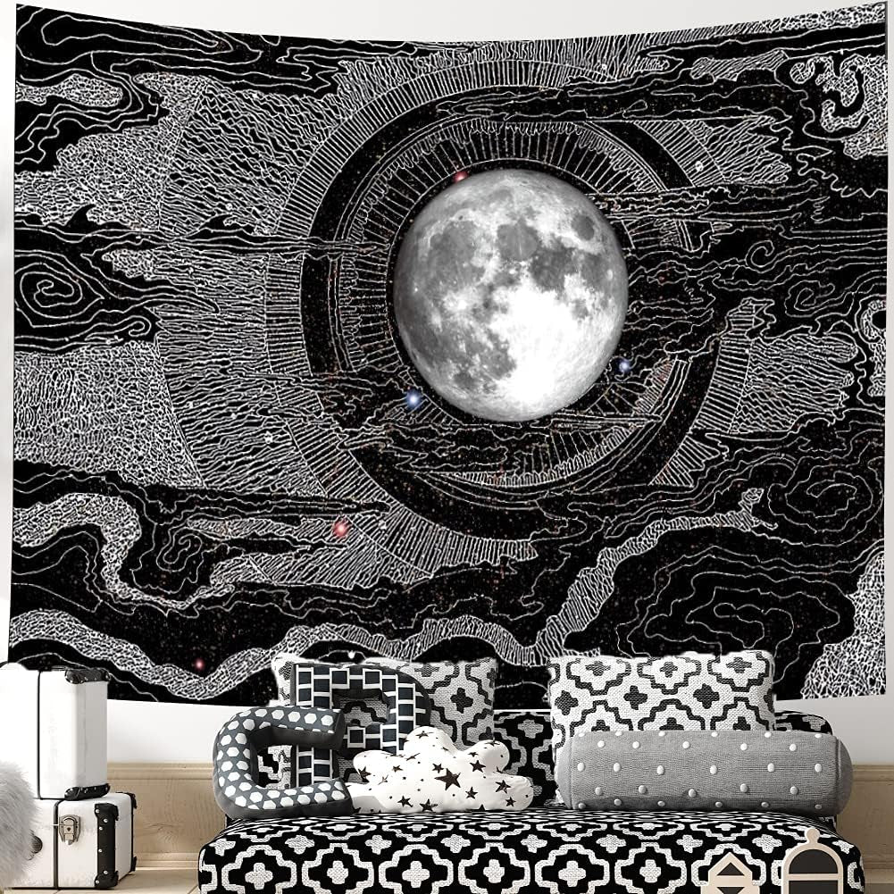 Moon Glow Tapestry Wall Hanging, Black Wall Tapestry for Bedroom Full Moon between the Clouds Black 80" * 60"