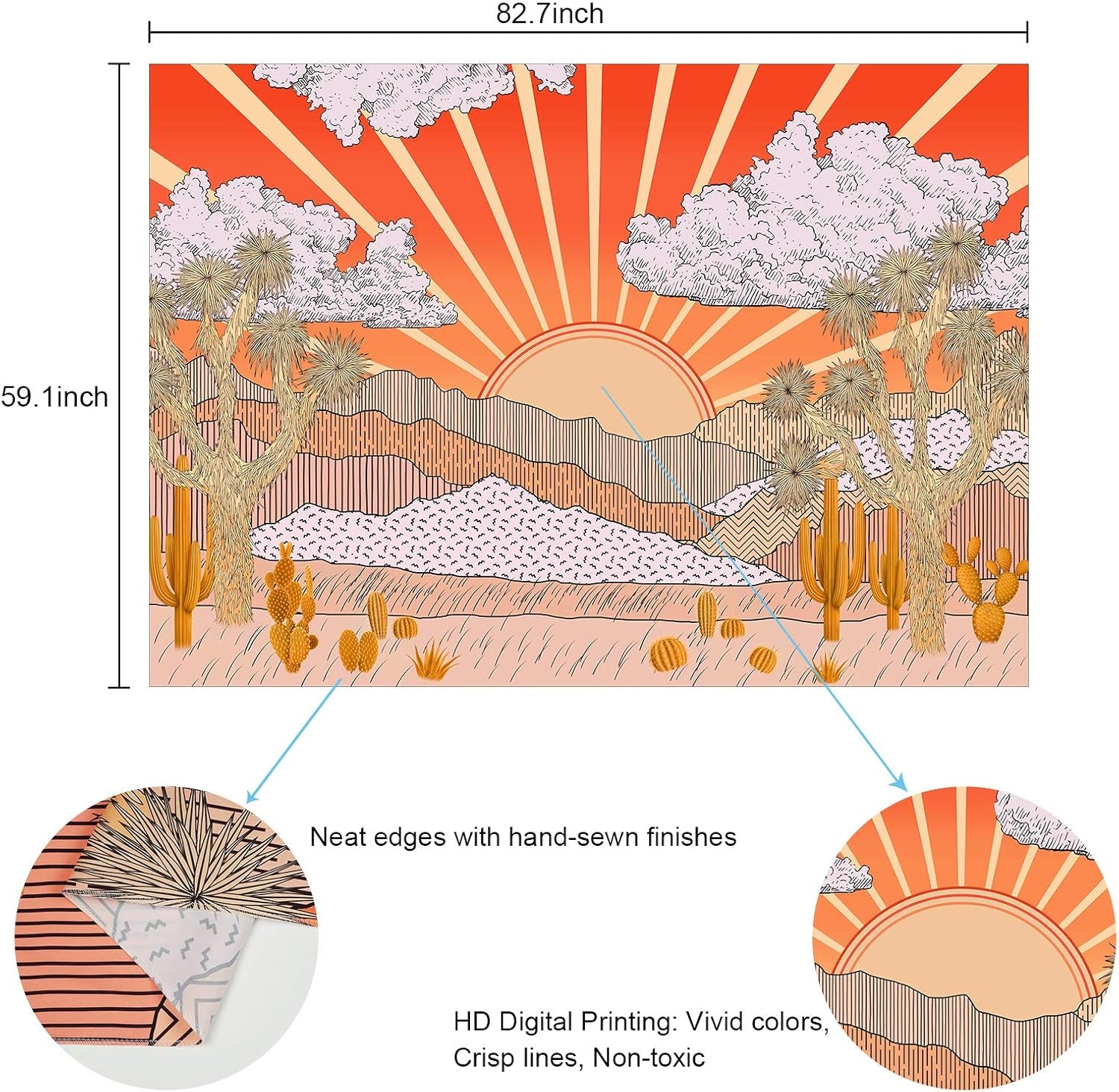 Birsppy Mountain Tapestry Sunset Tapestry Desert Cactus Tapestry Nature Landscape Tapestries Tree Plant Tapestry Wall Hanging for Room (59.1 X 82.7 Inches)