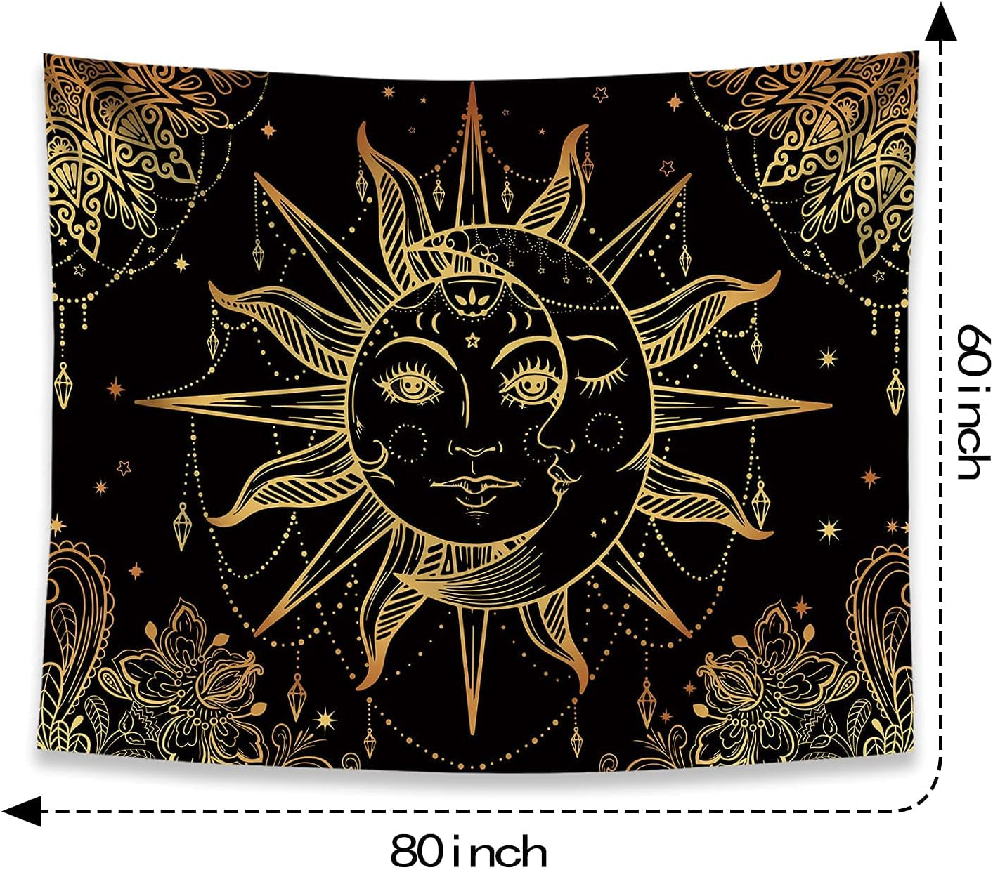 Hippie Sun and Moon Tapestry Bohemian Tapestry Aesthetic Cute Tapestries for Bedroom and Living Room Decor Sun 60×80 Inches