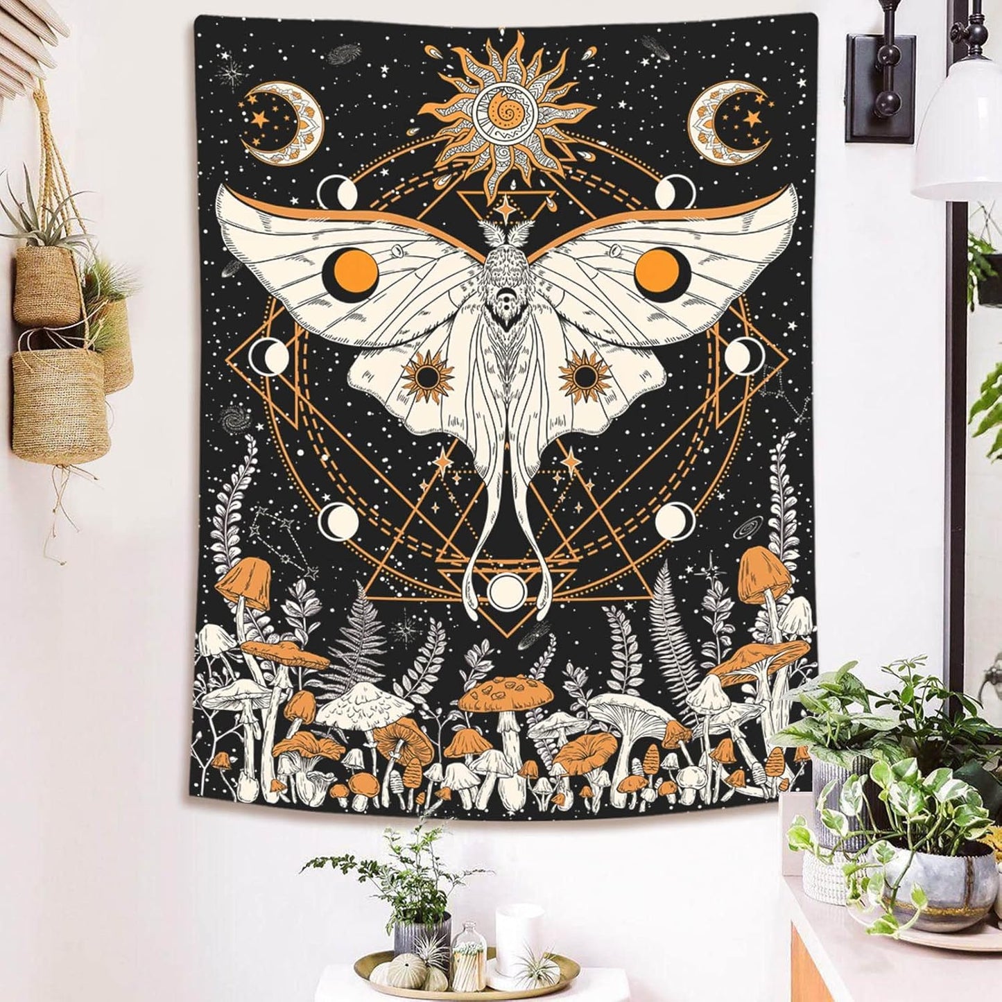 Mushroom Moth Tapestry Orange Sun and Moon Tapestries Bohemian Boho Floral Wall Art Flower Nature Plant Aesthetic Wall Tapestry for Bedroom Dorm Living Room (44'' × 60'')