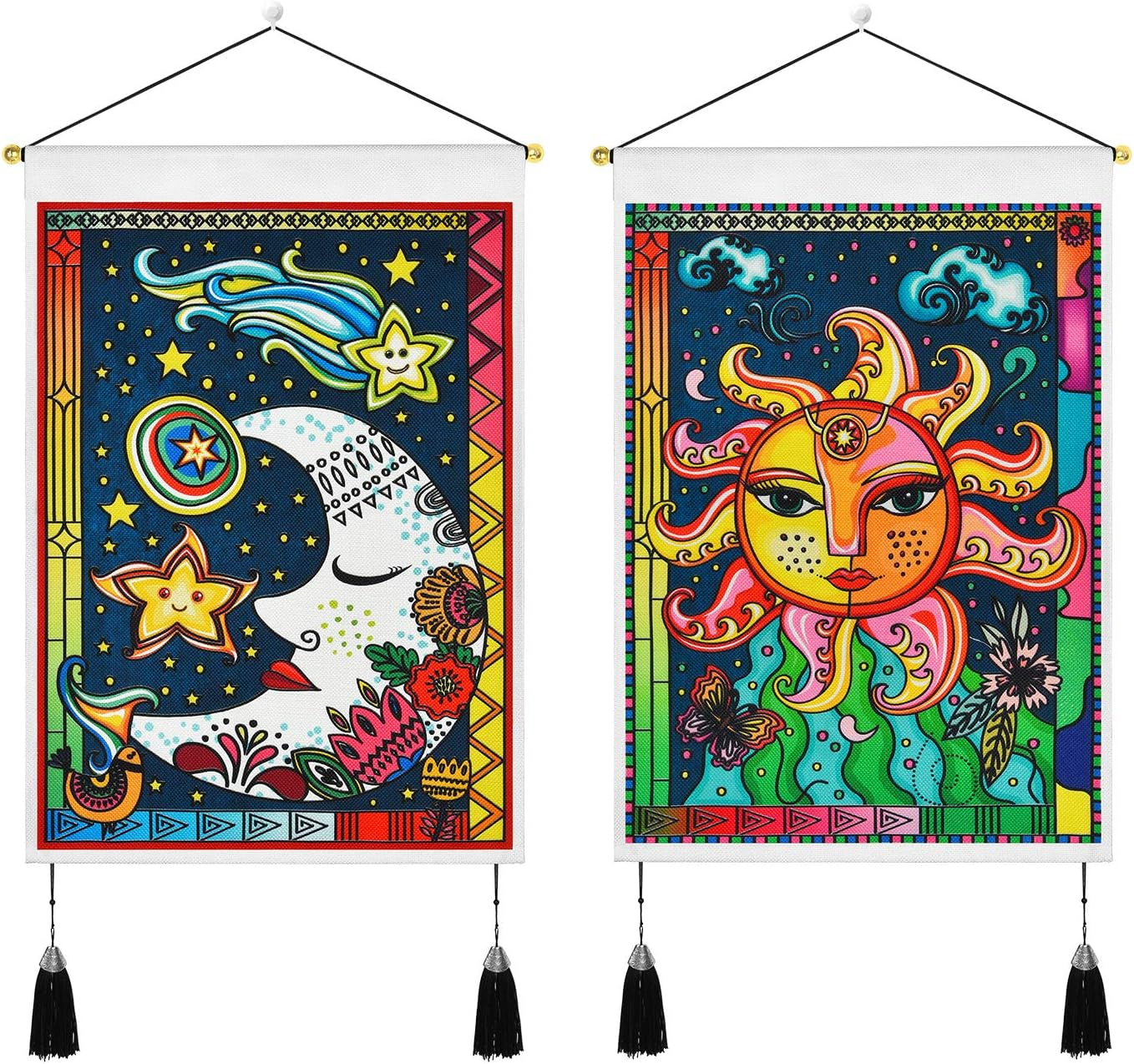 Pack of 2 Tapestry Sun and Moon Tapestry Burning Sun Tapestries Stars and Moon Tapestry Floral Tapestry Wall Hanging for Room (13.8 X 19.7 Inches)