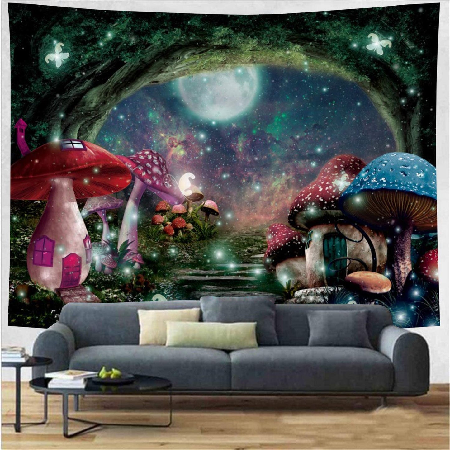 Psychedelic Mushroom Castle Tapestry Galaxy Moon Stars Tapestry Mysterious Forest Tree Tapestry Fantasy Fairy Tale Tapestry Wall Hanging for Bedroom