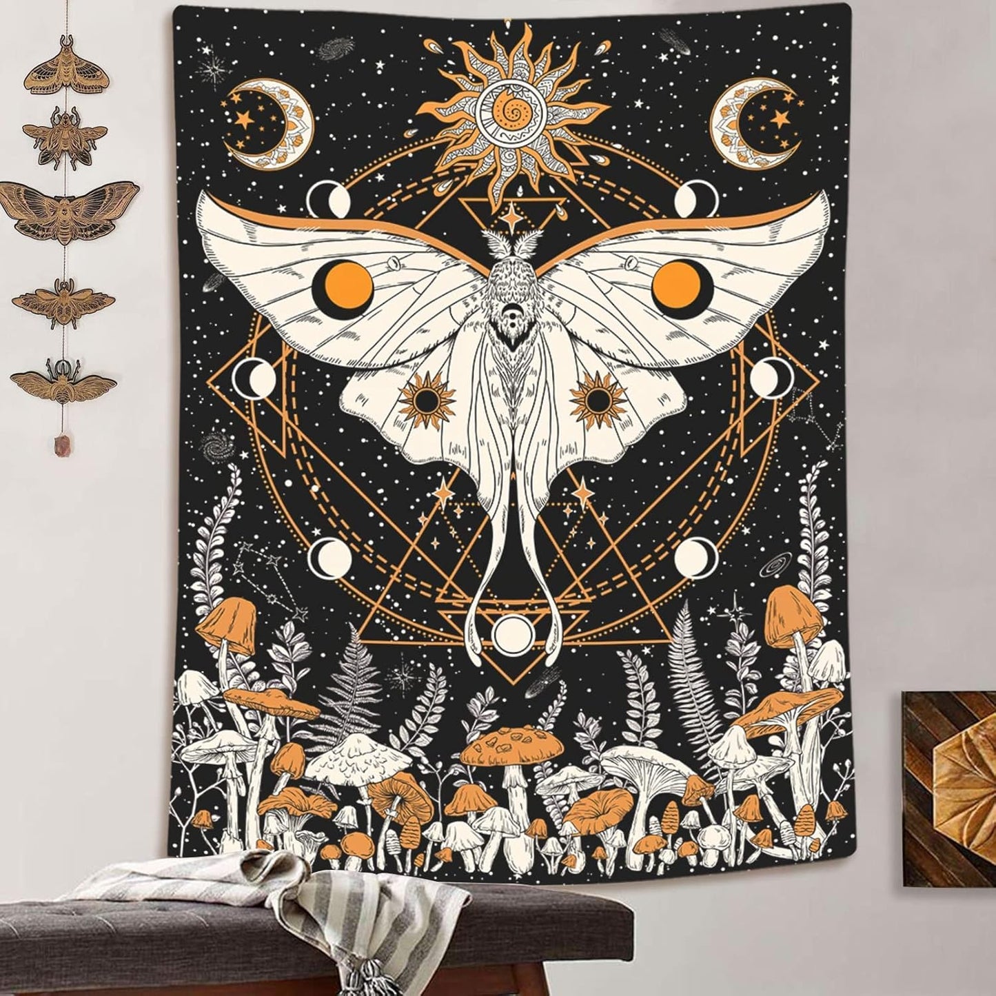 Mushroom Moth Tapestry Orange Sun and Moon Tapestries Bohemian Boho Floral Wall Art Flower Nature Plant Aesthetic Wall Tapestry for Bedroom Dorm Living Room (44'' × 60'')