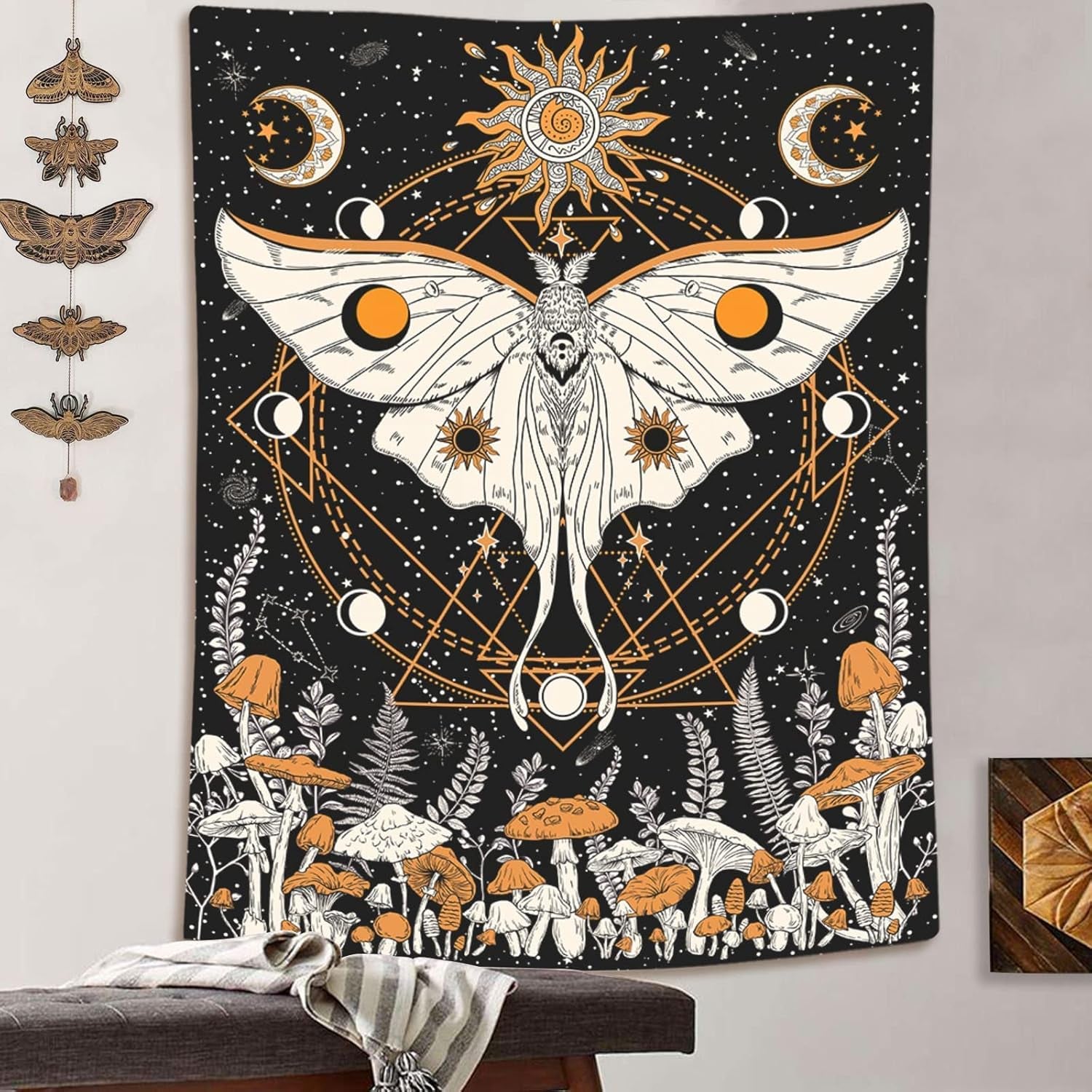 Mushroom Moth Tapestry Orange Sun and Moon Tapestries Bohemian Boho Floral Wall Art Flower Nature Plant Aesthetic Wall Tapestry for Bedroom Dorm Living Room (44'' × 60'')