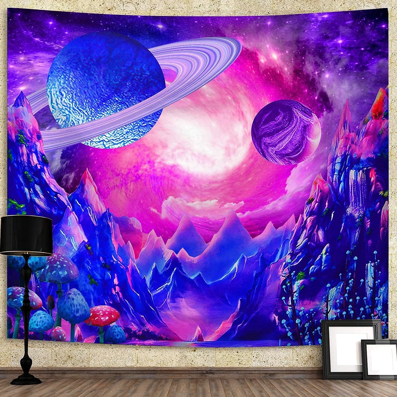 Space Tapestry Trippy Planet Tapestry Psychedelic Mushroom Tapestry Fantasy Galaxy Tapestry Mountain Tapestry Wall Hanging for Bedroom Home Decor (H70.8"×W92.5", Space Tapestry)