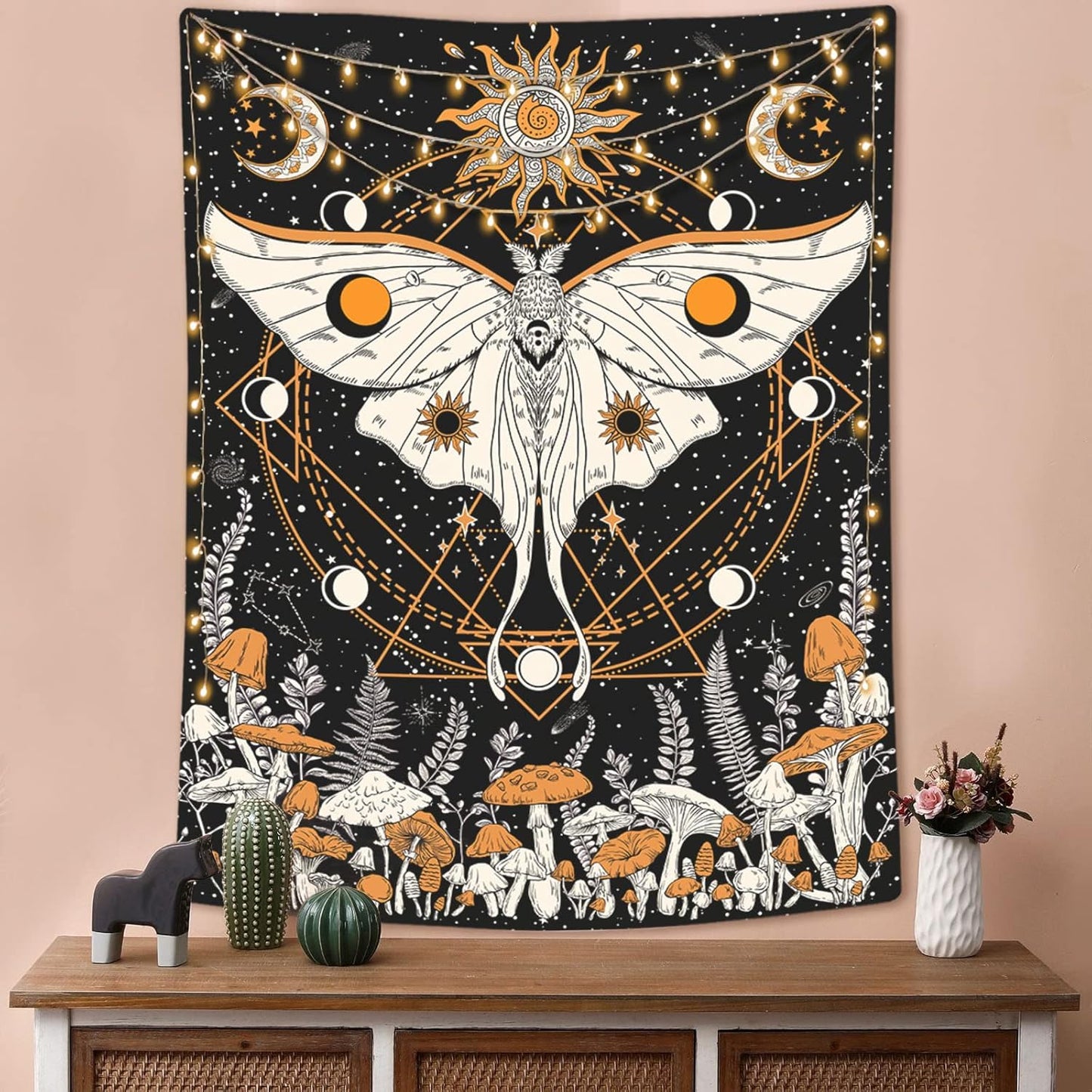 Mushroom Moth Tapestry Orange Sun and Moon Tapestries Bohemian Boho Floral Wall Art Flower Nature Plant Aesthetic Wall Tapestry for Bedroom Dorm Living Room (44'' × 60'')