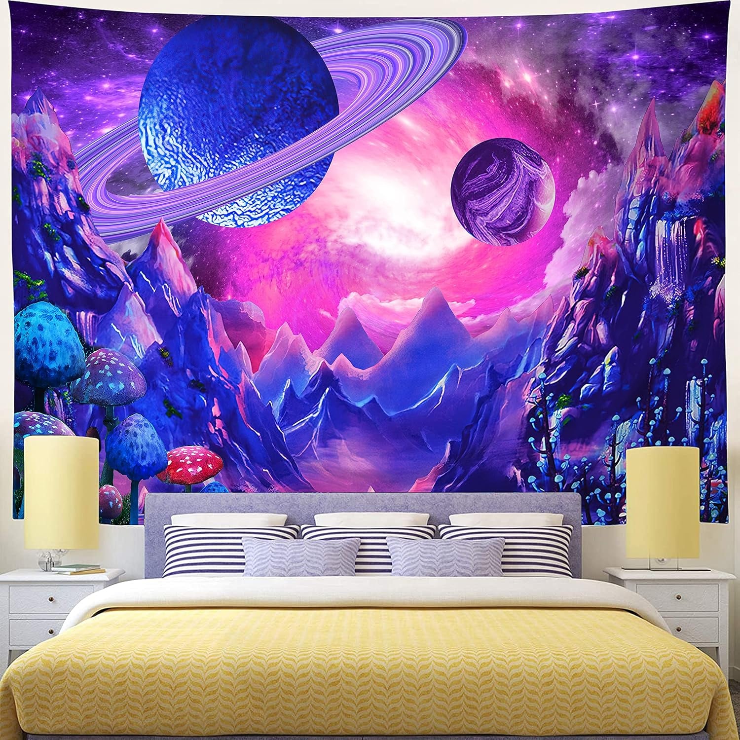 Space Tapestry Trippy Planet Tapestry Psychedelic Mushroom Tapestry Fantasy Galaxy Tapestry Mountain Tapestry Wall Hanging for Bedroom Home Decor (H70.8"×W92.5", Space Tapestry)