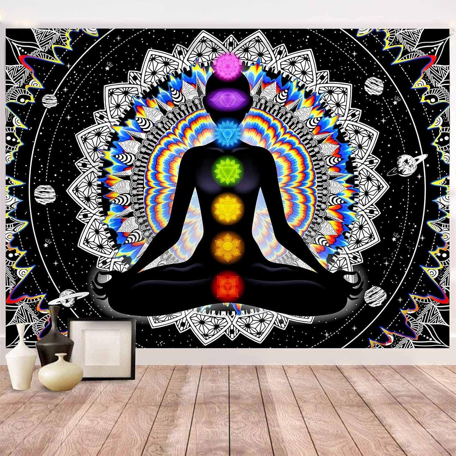 Seven Chakra Tapestry Mandala Tapestry Trippy Black and White Tapestry Celestial Space Tapestry Boho Yoga Meditation Wall Hanging Tapestry for Bedroom Home Decor (H59.1 X W82.7)