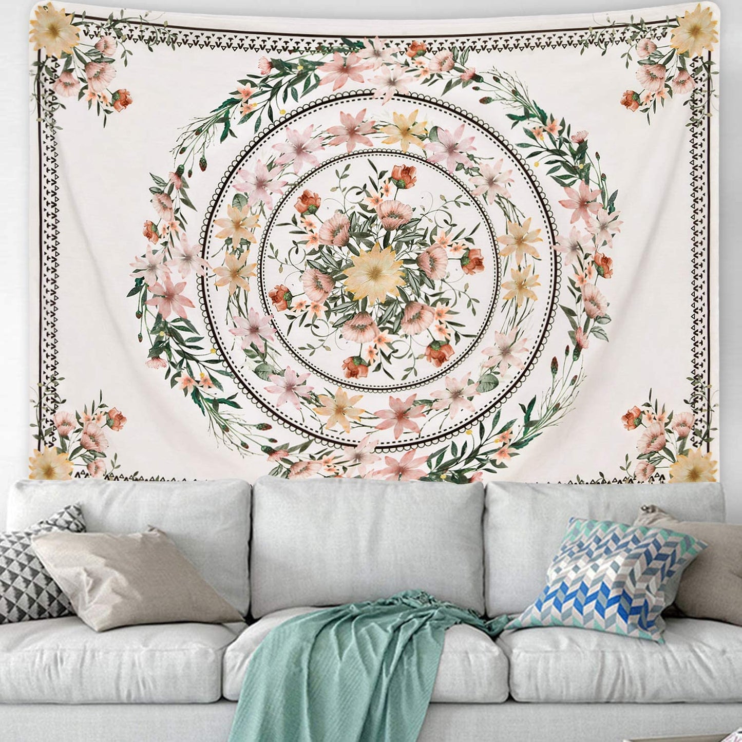 Mandala Tapestry Floral Medallion Tapestry Sketched Flower Plant Tapestry Bohemian Hippie Tapestry for Room (51.2 X 59.1 Inches)