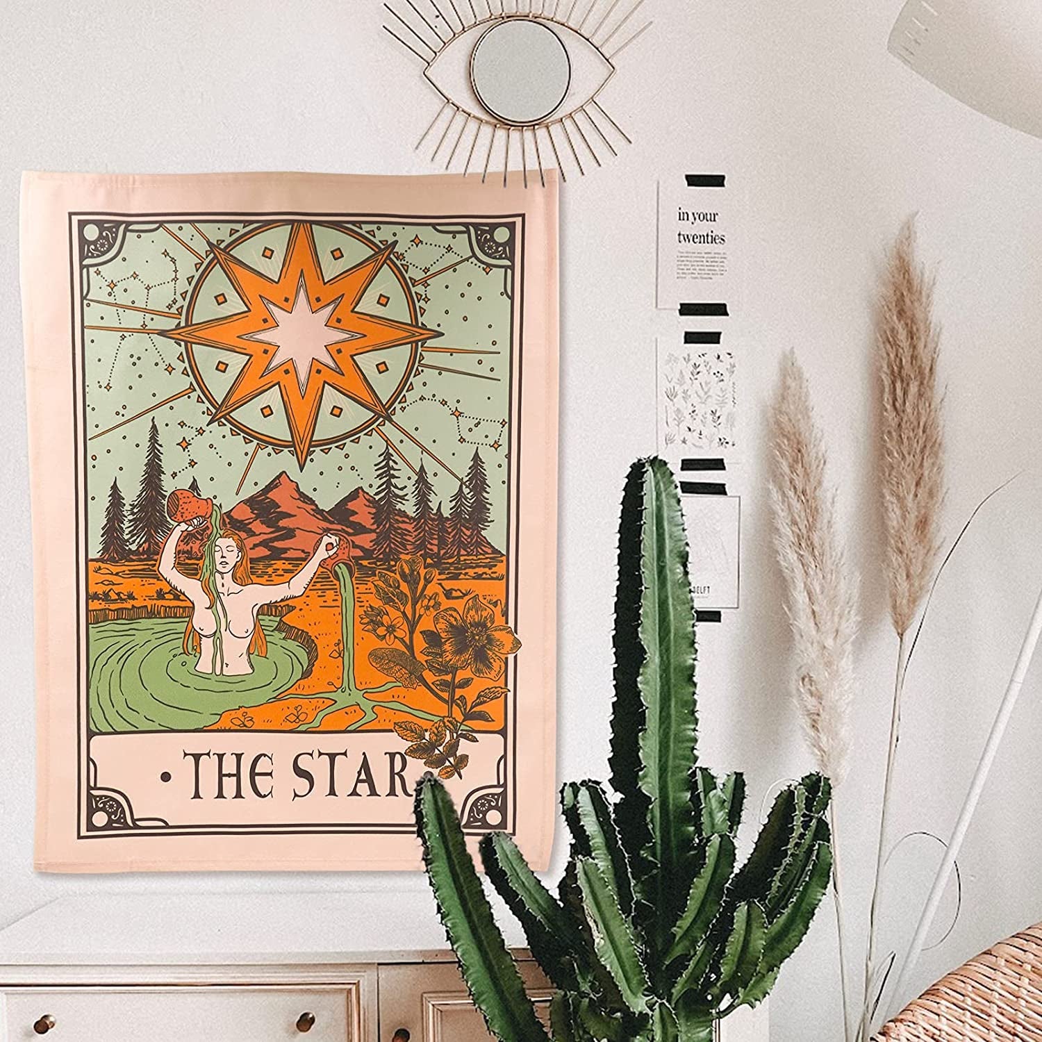 3 Pack Sun Moon and Star Tarot Card Tapestry, Brown and Beige Wall Hanging, Vertical Vintage Aesthetic for Room (Brown, 15'' 20'')