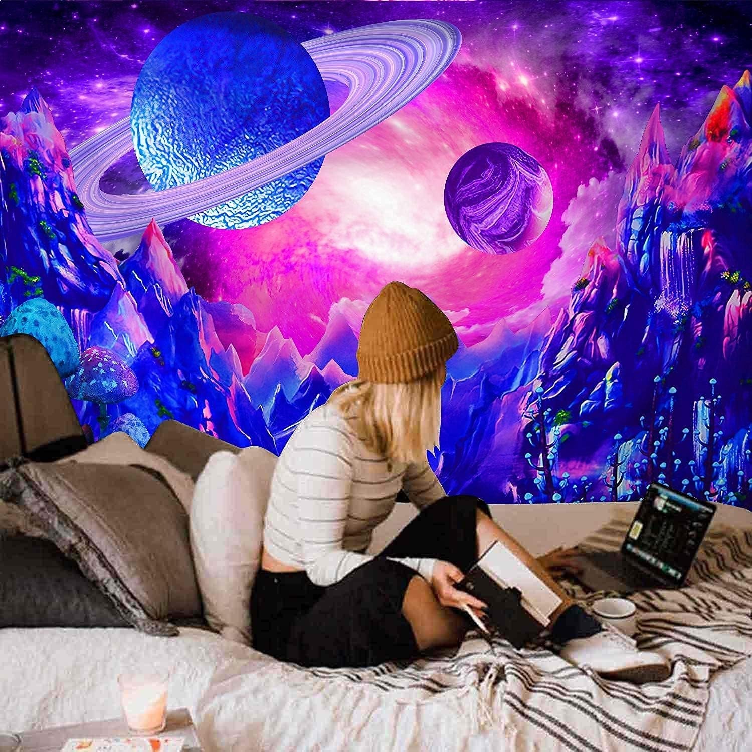 Space Tapestry Trippy Planet Tapestry Psychedelic Mushroom Tapestry Fantasy Galaxy Tapestry Mountain Tapestry Wall Hanging for Bedroom Home Decor (H70.8"×W92.5", Space Tapestry)