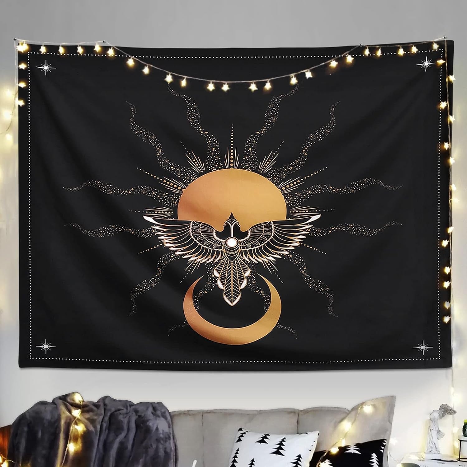 Black Tapestry for Bedroom Aesthetic Sun and Moon Gold Eagle Bird Fly to the Sun Tapestry for Wall Hanging Sacred Spirituality Esoteric Collection for Home Dorm Living Room