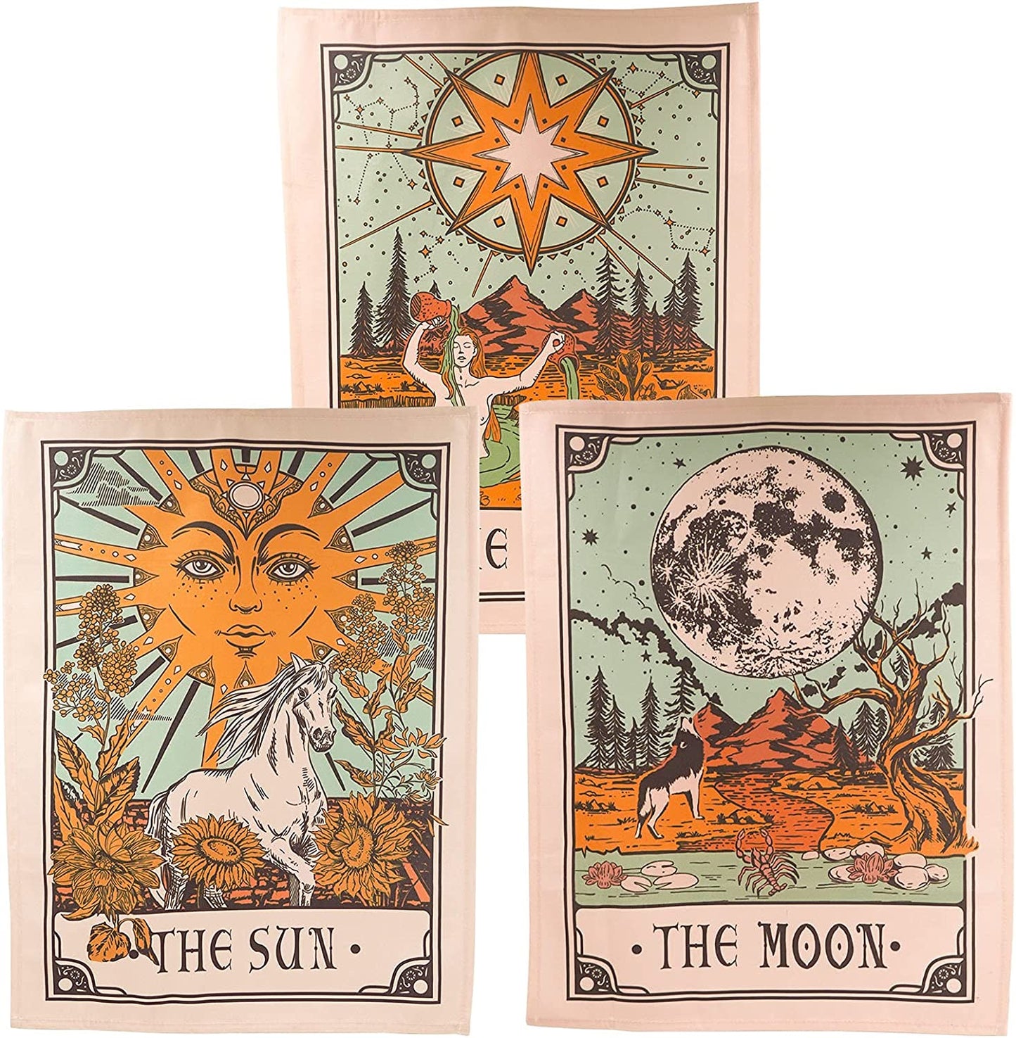 3 Pack Sun Moon and Star Tarot Card Tapestry, Brown and Beige Wall Hanging, Vertical Vintage Aesthetic for Room (Brown, 15'' 20'')