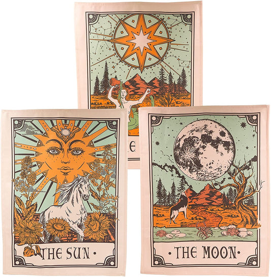 3 Pack Sun Moon and Star Tarot Card Tapestry, Brown and Beige Wall Hanging, Vertical Vintage Aesthetic for Room (Brown, 15'' 20'')