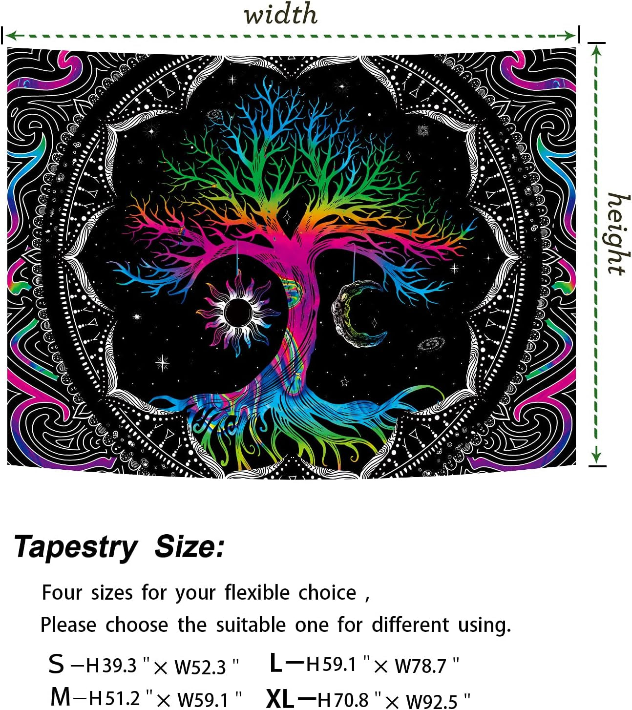 Tree of Life Tapestry Trippy Mandala Wall Tapestry Hippie Moon and Sun Tapestry Black Galaxy Stars Space Tapestry Colorful Boho Aesthetic Tapestry for Bedroom Living Room (M-W59.1" × H51.2)