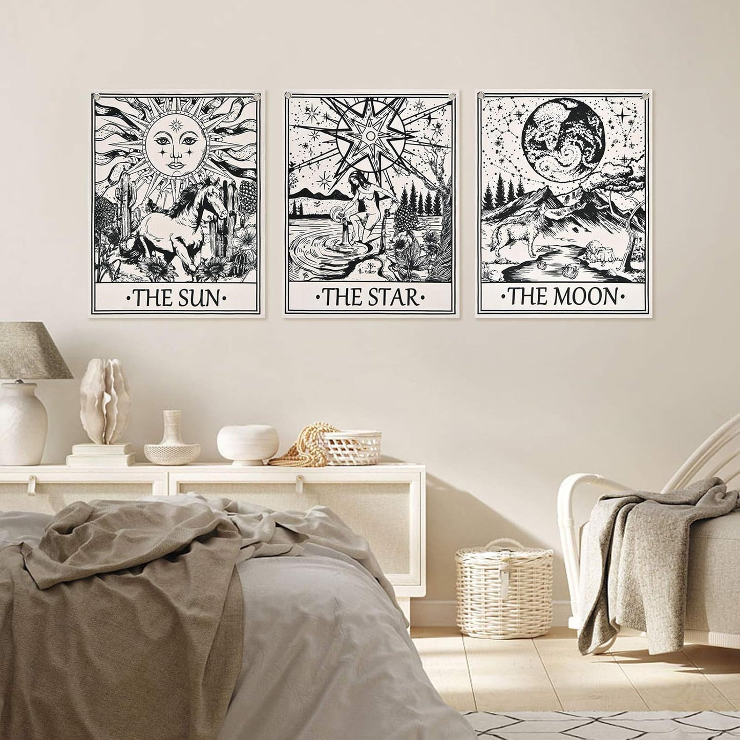 Pack of 3 Tarot Card Tapestry Tarot Flag Tapestry the Sun the Star the Moon Tarot Tapestry Vertical Medieval Tarot Tapestries Wall Hanging for Room with Seamless Nails(11.8 X 15.7 Inches)