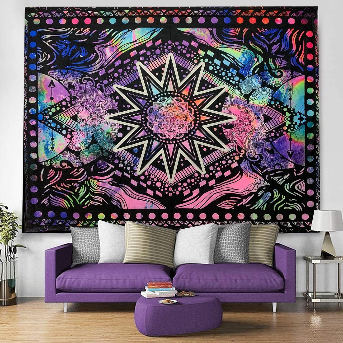 Hippie Mandala Tapestry Trippy Bohemian Tapestry Psychedelic Tapestry Wall Hanging Sun and Moon Tapestry Wall Decor Purple Blacklight Tapestry for Bedroom (50"X60")