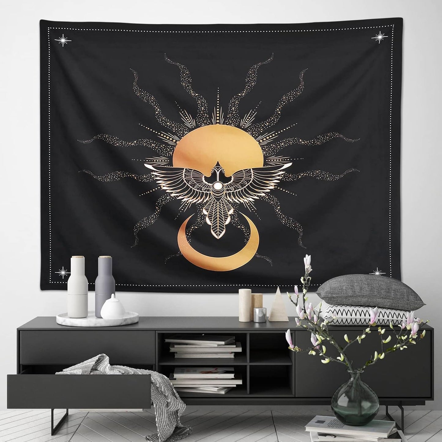 Black Tapestry for Bedroom Aesthetic Sun and Moon Gold Eagle Bird Fly to the Sun Tapestry for Wall Hanging Sacred Spirituality Esoteric Collection for Home Dorm Living Room