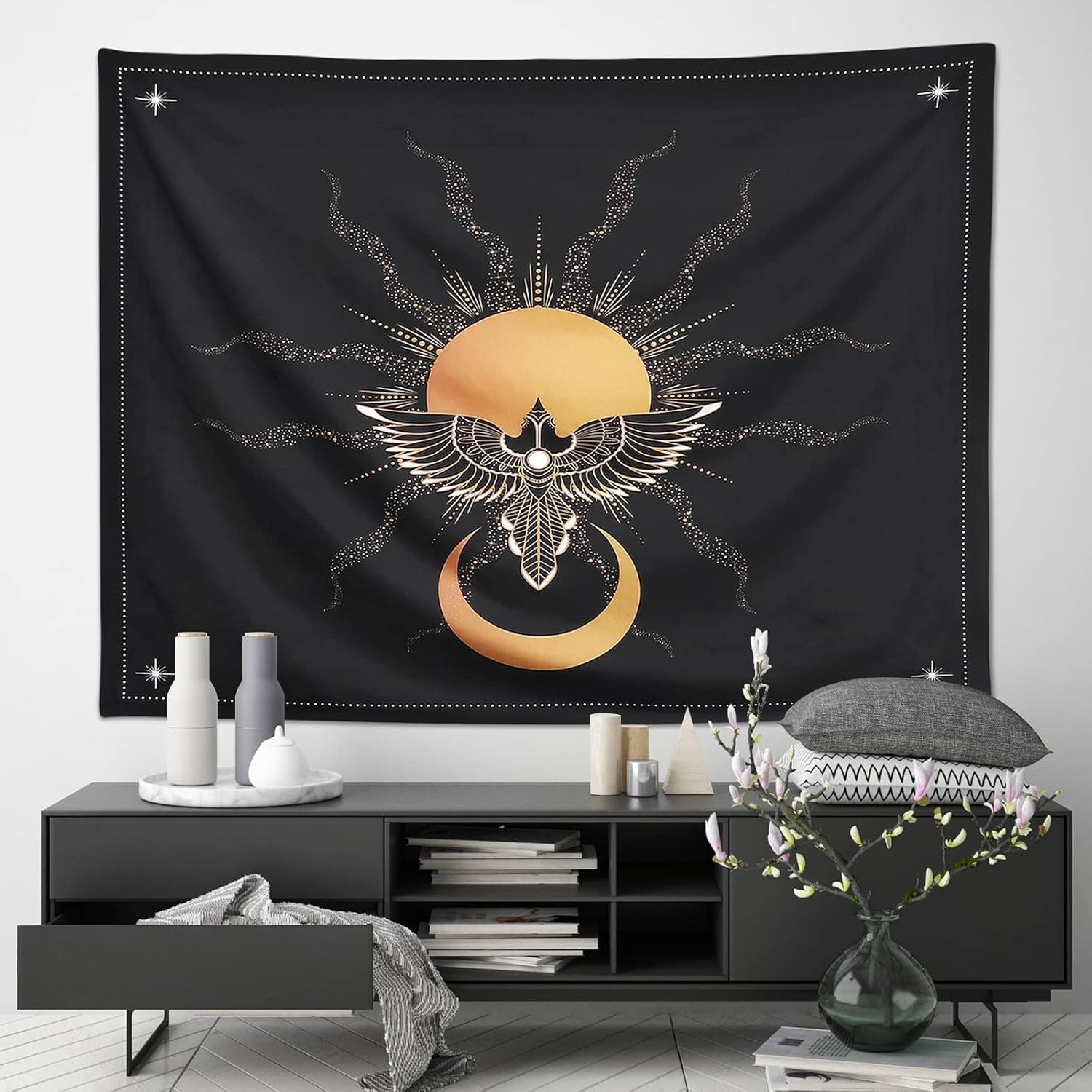 Black Tapestry for Bedroom Aesthetic Sun and Moon Gold Eagle Bird Fly to the Sun Tapestry for Wall Hanging Sacred Spirituality Esoteric Collection for Home Dorm Living Room