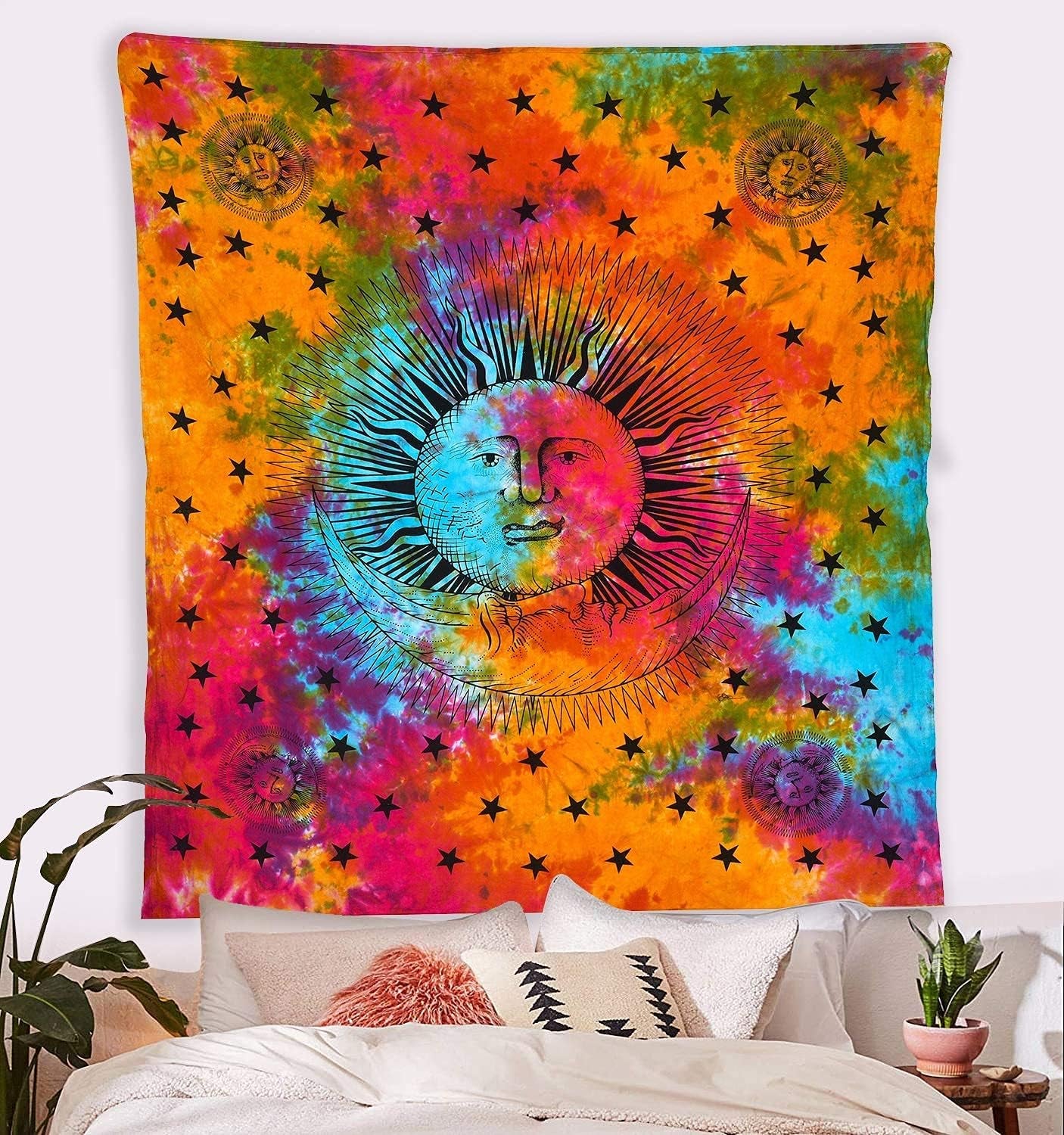 Tie Dye Mandala Tapestry, Celestial Sun Moon Star Planet Bohemian Tapestry Tarot, Wall Hanging Boho Tapestry for Room, Hippie Beach Coverlet Curtain (Rainbow, 54"X60")