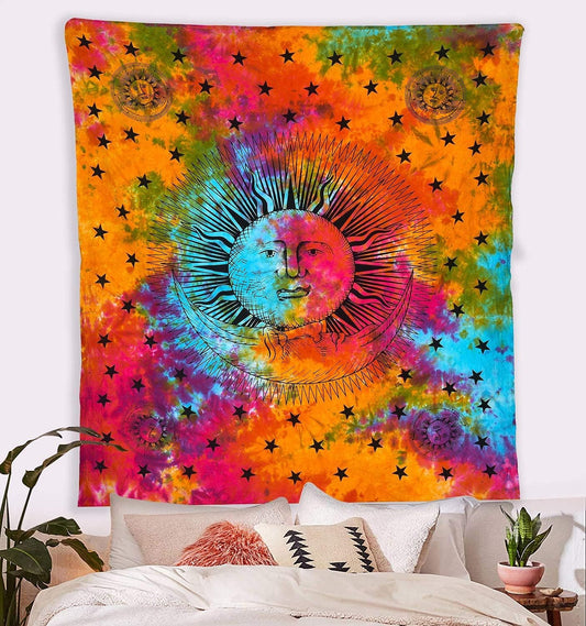 Tie Dye Mandala Tapestry, Celestial Sun Moon Star Planet Bohemian Tapestry Tarot, Wall Hanging Boho Tapestry for Room, Hippie Beach Coverlet Curtain (Rainbow, 54"X60")