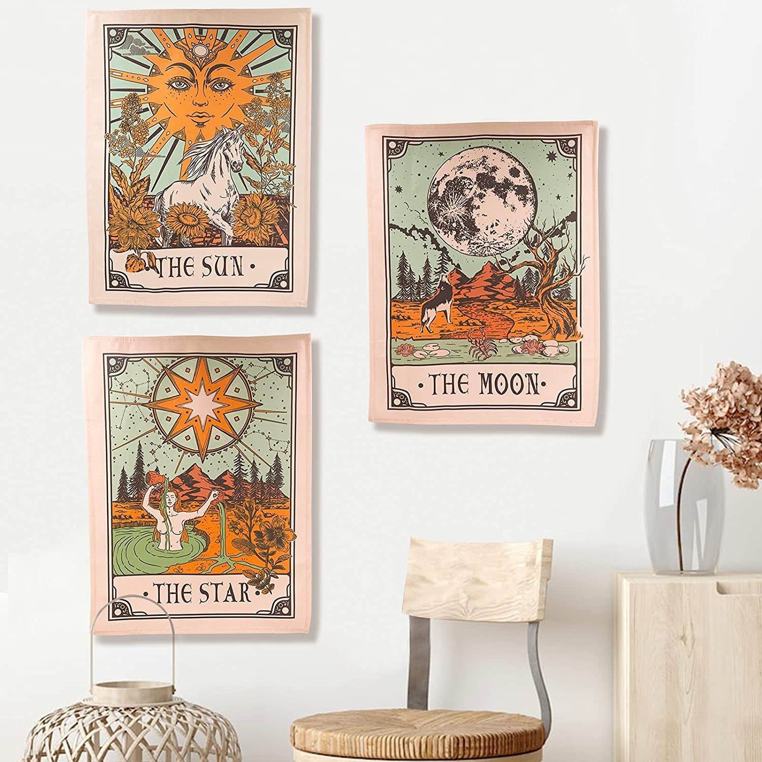 3 Pack Sun Moon and Star Tarot Card Tapestry, Brown and Beige Wall Hanging, Vertical Vintage Aesthetic for Room (Brown, 15'' 20'')