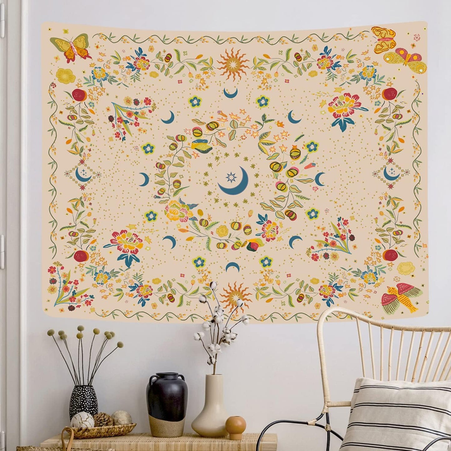 Wall Tapestry - Bohemian Floral Vine Wall Hanging Celestial Sun Moon and Star Tapestry for Hippie Home Decor - Bedroom Aesthetic (Butterfly Beige, Medium (50X 60))