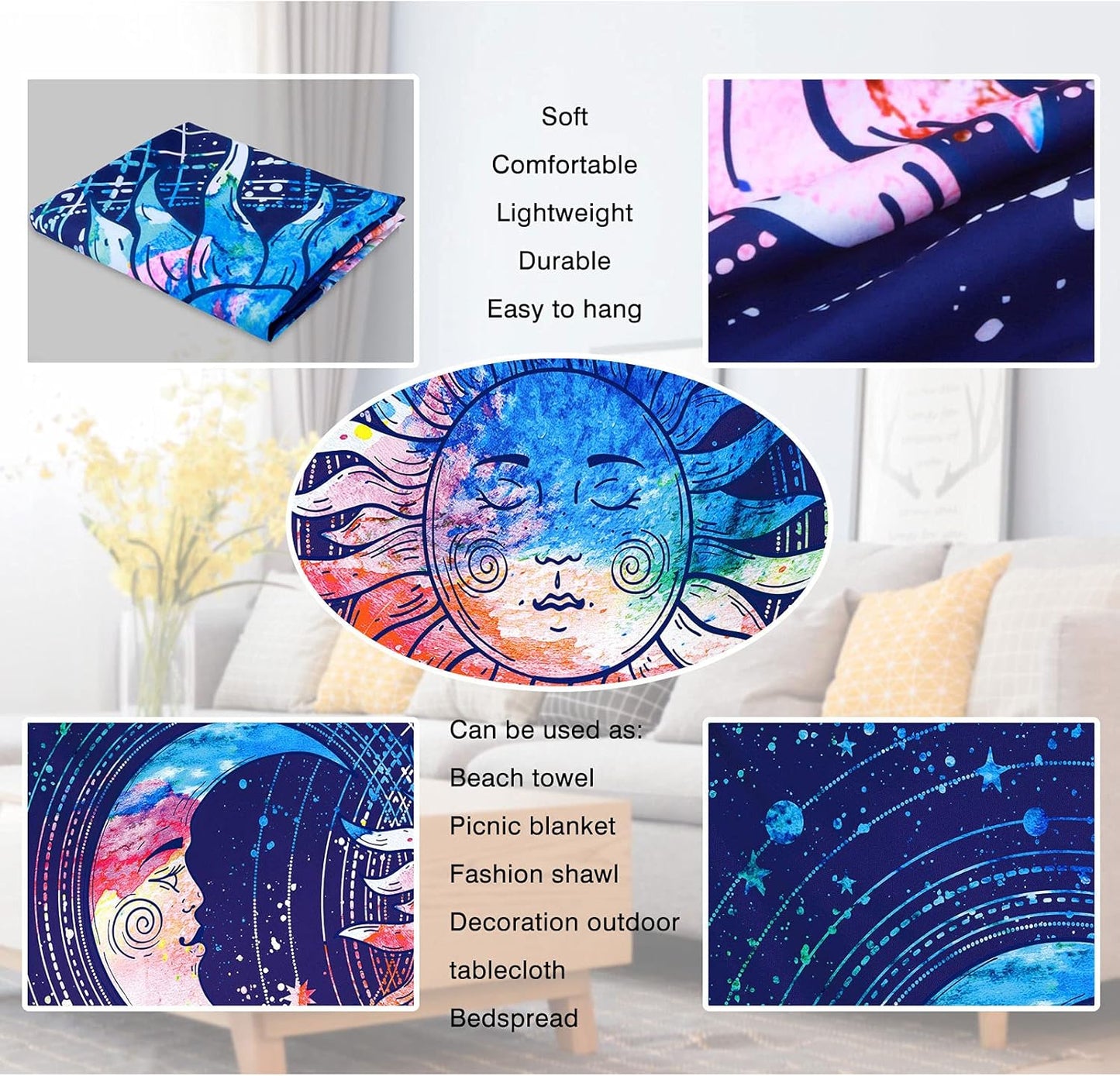 Sun and Moon Tapestry Blue Tapestry Constellation Astrology Tapestry Psychedelic Mystic Tapestry Wall Hanging Nature Home Decorations for Bedroom Dorm Room (51.2X59.1 Inches,130X150 Cm)